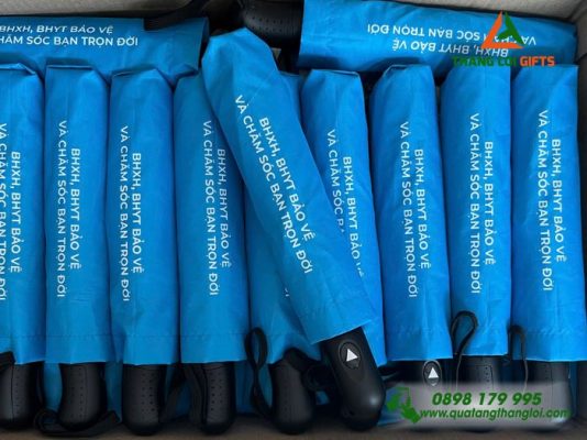 Ô Dù Cầm Tay Gấp 3 Màu Xanh - In Logo Bảo Hiểm Xã Hội Viêt Nam