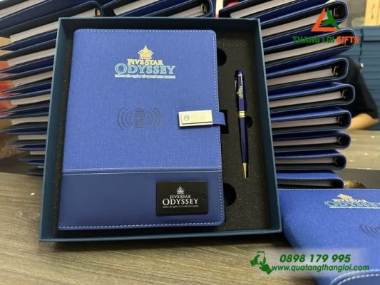 Combo (Sổ Sạc Đa Năng+Bút ) In Khắc Logo Doanh Nghiệp FIVESTAR POSEIDON