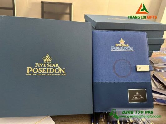 Combo (Sổ Sạc Đa Năng+Bút ) In Khắc Logo Doanh Nghiệp FIVESTAR POSEIDON
