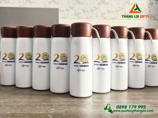 Bình Giữ Nhiệt Nắp Gỗ Màu Trắng In Logo Quà Tặng Kỷ Niệm 20 Năm Trường THPT Hà Huy Giáp