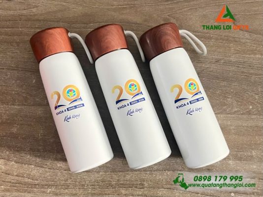 Bình Giữ Nhiệt Nắp Gỗ Màu Trắng In Logo Quà Tặng Kỷ Niệm 20 Năm Trường THPT Hà Huy Giáp