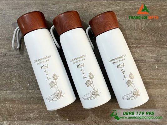 Bình Giữ Nhiệt Nắp Vân Gỗ 500ml Màu Trắng Khắc Hình Ảnh Hoa Sen