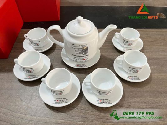 Bộ Ấm Trà Cao Cấp In Logo Sỹ Điền Hotel Làm Quà Tặng