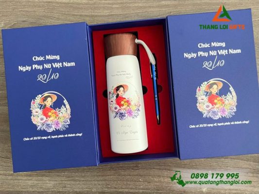 Bộ Quà Tặng (Bình+Bút) In Khắc Logo Mừng Ngày Phụ Nữ 20-10