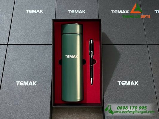 Bộ Quà Tặng (Bình+Bút) In Khắc Logo Doanh Nghiệp TEMAK