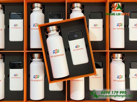 Giftset (Bình Giữ Nhiệt + Pin Sạc) In Khắc Logo FPT School