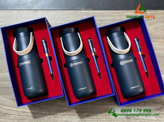 Set Quà Tặng (Bình Lock+Bút) In Khắc Logo Doanh Nghiệp SEVAPACK 