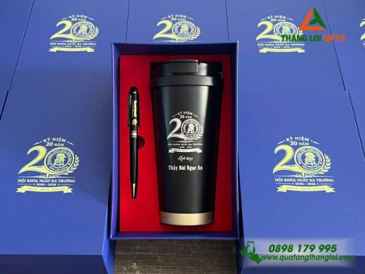 Bộ Quà Tặng (Ly+Bút) In Khắc Logo Trường THPT Trần Hưng Đạo