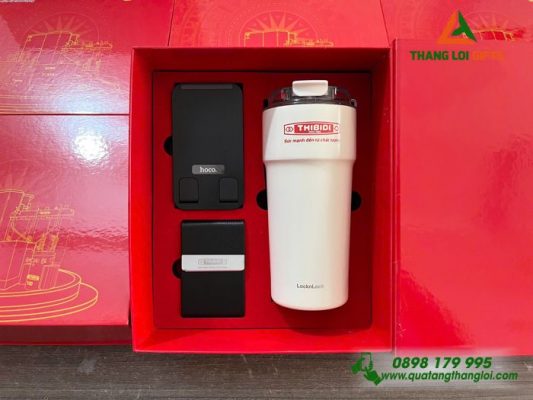 Giftset VIP 3 Món (Ly Lock&Lock + Hộp Namecard + Giá Đỡ Điện Thoại) In Khắc Logo Doanh Nghiệp THIBIDI
