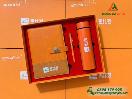 Combo Quà Tặng (Sổ+Bình+Bút) Màu Cam In Khắc Logo Sự Kiện Doanh Nghiệp Luxshare ICT