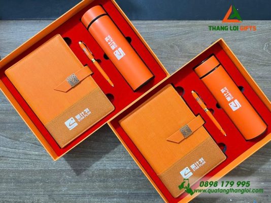 Combo Quà Tặng (Sổ+Bình+Bút) Màu Cam In Khắc Logo Sự Kiện Doanh Nghiệp Luxshare ICT