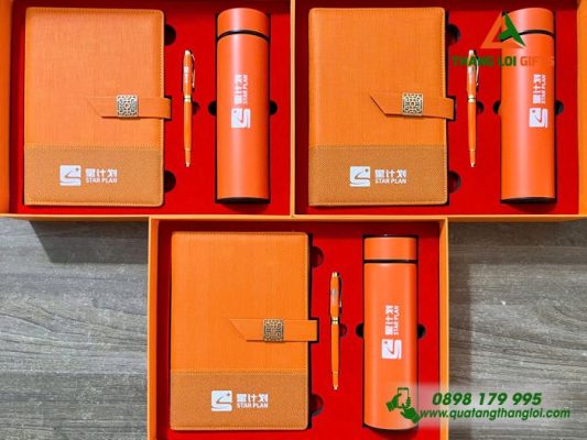 Combo Quà Tặng (Sổ+Bình+Bút) Màu Cam In Khắc Logo Sự Kiện Doanh Nghiệp Luxshare ICT