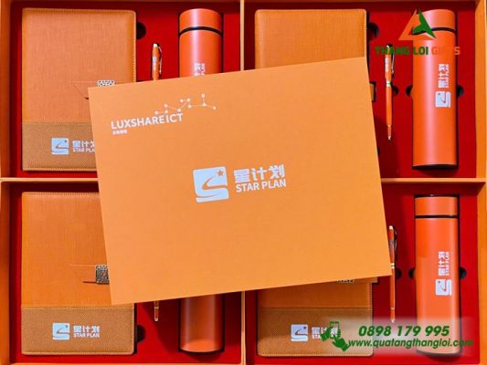 Combo Quà Tặng (Sổ+Bình+Bút) Màu Cam In Khắc Logo Sự Kiện Doanh Nghiệp Luxshare ICT