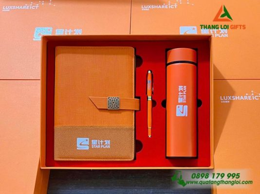 Combo Quà Tặng (Sổ+Bình+Bút) Màu Cam In Khắc Logo Sự Kiện Doanh Nghiệp Luxshare ICT