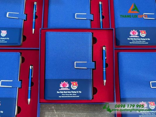 Bộ Quà Tặng (Sổ+Bút) Màu xanh In Khắc Logo Đoàn Thanh Niên Cộng Sản