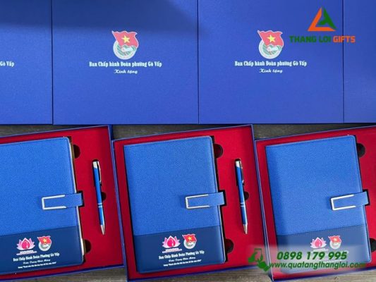 Bộ Quà Tặng (Sổ+Bút) Màu xanh In Khắc Logo Đoàn Thanh Niên Cộng Sản