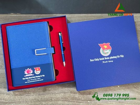 Bộ Quà Tặng (Sổ+Bút) Màu xanh In Khắc Logo Đoàn Thanh Niên Cộng Sản