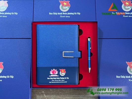 Bộ Quà Tặng (Sổ+Bút) Màu xanh In Khắc Logo Đoàn Thanh Niên Cộng Sản
