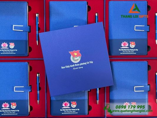 Bộ Quà Tặng (Sổ+Bút) Màu xanh In Khắc Logo Đoàn Thanh Niên Cộng Sản