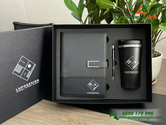 Giftset (Sổ+Ly+Bút) Màu Đen In Khắc Logo Doanh Nghiệp Lupo Design