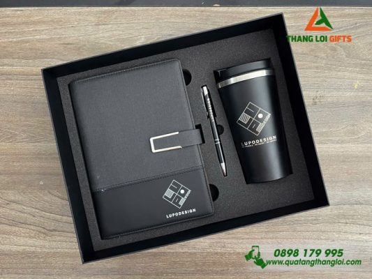Giftset (Sổ+Ly+Bút) Màu Đen In Khắc Logo Doanh Nghiệp Lupo Design