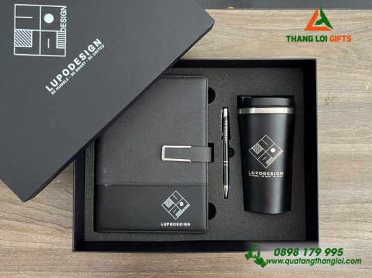 Giftset (Sổ+Ly+Bút) Màu Đen In Khắc Logo Doanh Nghiệp Lupo Design