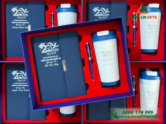 Bộ Quà Tặng (Sổ+Ly+Bút) In Khắc Logo Kỷ Niệm 20 Năm Trường THCS Đông Phương Yên