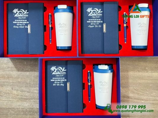 Bộ Quà Tặng (Sổ+Ly+Bút) In Khắc Logo 20 Năm Trường THCS Đông Phương Yên