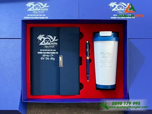 Bộ Quà Tặng (Sổ+Ly+Bút) In Khắc Logo 20 Năm Trường THCS Đông Phương Yên