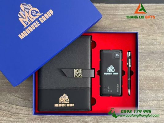 Bộ quà tặng (Sổ+ Pin+ Bút) Màu Đen In Logo Doanh Nghiệp MQHOUSE Group