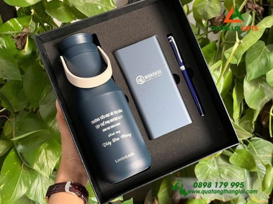 Combo Quà Tặng VIP (Bình Lock+Pin Sạc+Bút Ký) In Khắc Logo Làm Quà Đối Tác