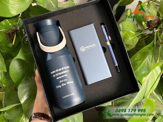 Combo Quà Tặng VIP (Bình Lock+Pin Sạc+Bút Ký) In Khắc Logo Làm Quà Đối Tác