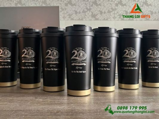 Ly Giữ Nhiệt 530ml Màu Đen Khắc Logo Trường THPT Trần Hưng Đạo