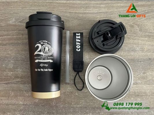Ly Giữ Nhiệt 530ml Màu Đen Khắc Logo Trường THPT Trần Hưng Đạo