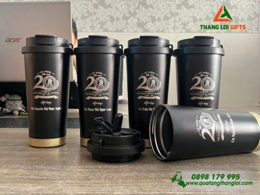 Ly Giữ Nhiệt 530ml Màu Đen Khắc Logo Trường THPT Trần Hưng Đạo