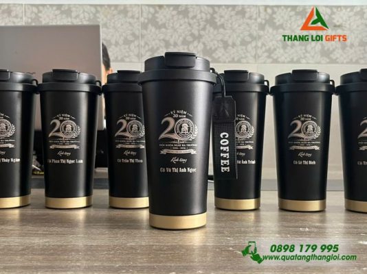 Ly Giữ Nhiệt 530ml Màu Đen Khắc Logo Trường THPT Trần Hưng Đạo