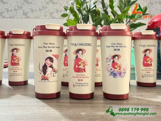 Ly Giữ Nhiêt 530ml Nắp Đỏ In Hình Ảnh Logo Doanh Nghiệp Thái Hương