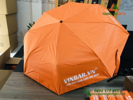 Ô Dù Cầm Tay Màu Cam In Logo Doanh Nghiệp VINBAR.VN