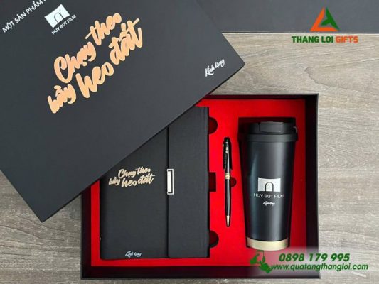 Giftset (Sổ+Ly+Bút) Màu Đen In Khắc Logo HUY BUT FILM Làm Quà Tặng