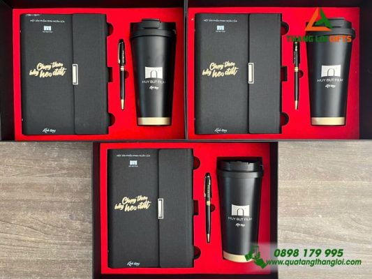 Giftset (Sổ+Ly+Bút) Màu Đen In Khắc Logo HUY BUT FILM Làm Quà Tặng