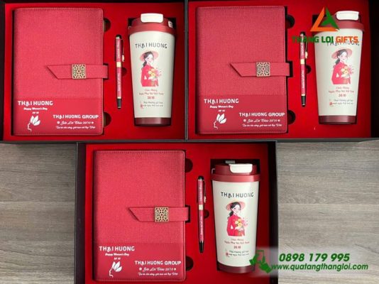 Giftset (Sổ+Ly+Bút) Màu Đỏ In Khắc Logo Thái Hương Làm Quà 20/10 Ý Nghĩa 