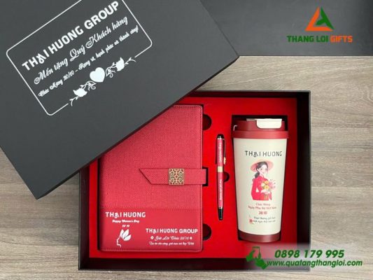 Giftset (Sổ+Ly+Bút) Màu Đỏ In Khắc Logo Thái Hương Làm Quà 20/10 Ý Nghĩa 