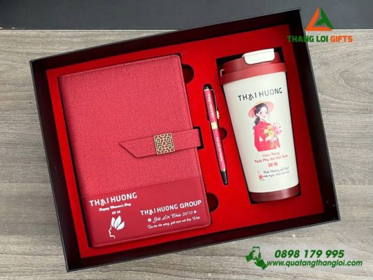 Giftset (Sổ+Ly+Bút) Màu Đỏ In Khắc Logo Thái Hương Làm Quà 20/10 Ý Nghĩa 