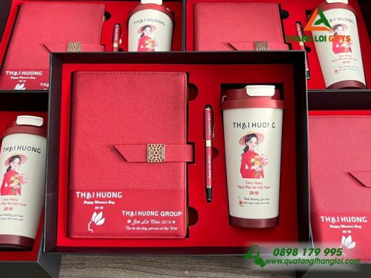 Giftset (Sổ+Ly+Bút) Màu Đỏ In Khắc Logo Thái Hương Làm Quà 20/10