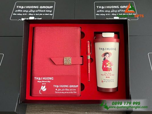 Giftset (Sổ+Ly+Bút) Màu Đỏ In Khắc Logo Thái Hương Làm Quà 20/10 Ý Nghĩa 