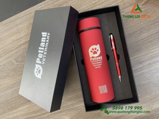 Combo Quà Tặng (Bình+Bút) Màu Đỏ Khắc Logo Phòng Khám Thú Y PETLAND