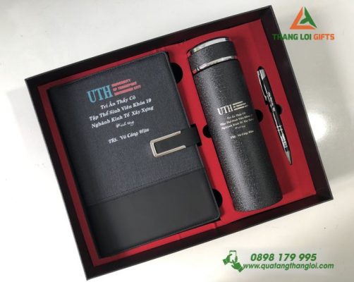 Giftset (Sổ+Bình+Bút) In Khắc Logo Tri Ân Trường ĐH Giao Thông Vận Tải HCM
