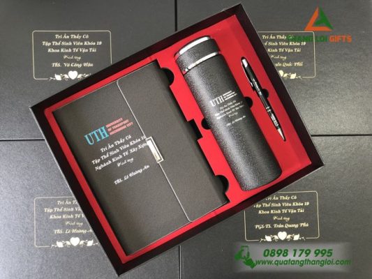  Giftset (Sổ+Bình+Bút) Màu Đen In Khắc Logo Tri Ân Trường ĐH Giao Thông Vận Tải HCM