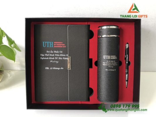 Giftset (Sổ+Bình+Bút) In Khắc Logo Tri Ân Trường ĐH Giao Thông Vận Tải HCM