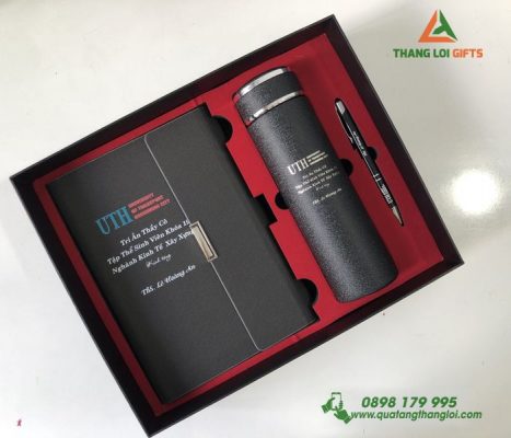 Giftset (Sổ+Bình+Bút) In Khắc Logo Tri Ân Trường ĐH Giao Thông Vận Tải HCM